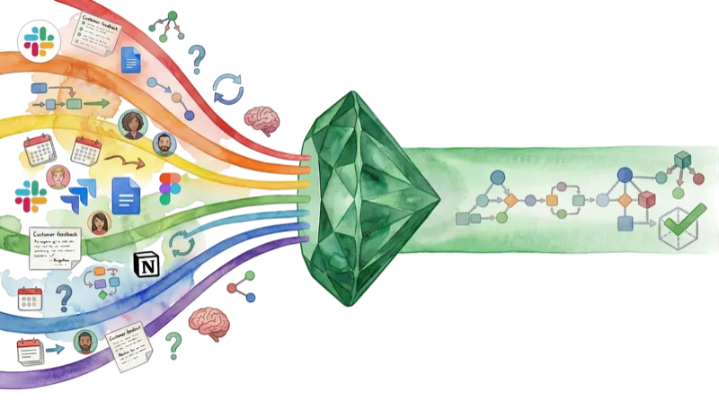 Scattered inputs flow through a diamond prism into a focused, structured plan
